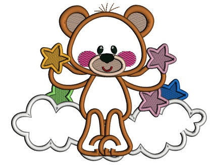 Little Bear Sitting On The Cloud Holding Stars Applique Machine Embroidery Design Digitized Pattern