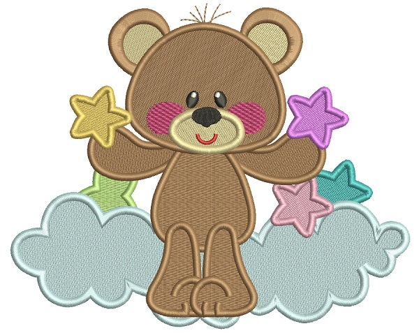 Little Bear Sitting On The Cloud Holding Stars Filled Machine Embroidery Design Digitized Pattern