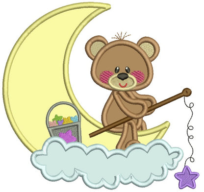 Little Bear Sitting On The Moon Applique Machine Embroidery Design Digitized Pattern