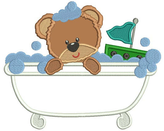 Little Bear Taking a Bath Applique Machine Embroidery Design Digitized Pattern