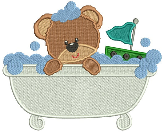 Little Bear Taking a Bath Filled Machine Embroidery Design Digitized Pattern