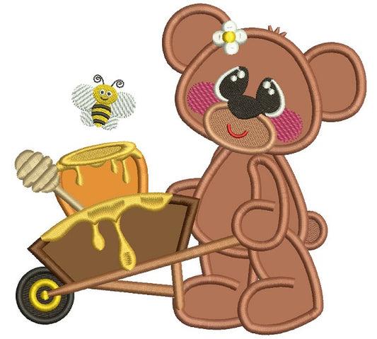 Little Bear Using Hand Cart To Transport Honey Applique Machine Embroidery Design Digitized Pattern