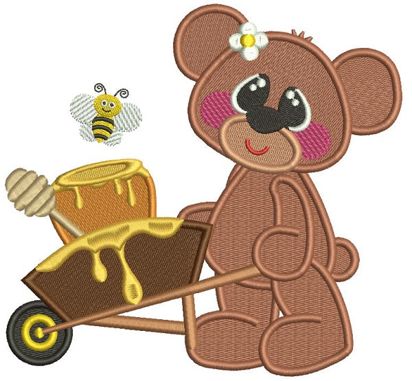 Little Bear Using Hand Cart To Transport Honey Filled Machine Embroidery Design Digitized Pattern