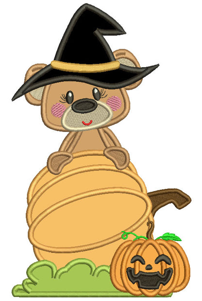 Little Bear Wearing Witch Hat Standing Behind Pumpkin Halloween Applique Machine Embroidery Design Digitized Pattern