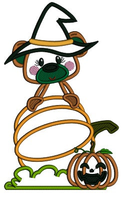 Little Bear Wearing Witch Hat Standing Behind Pumpkin Halloween Applique Machine Embroidery Design Digitized Pattern