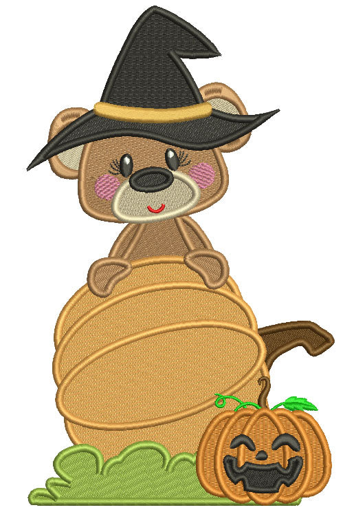 Little Bear Wearing Witch Hat Standing Behind Pumpkin Halloween Filled Machine Embroidery Design Digitized Pattern
