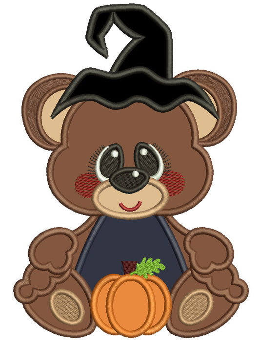 Little Bear Wearing Witch Hat With Pumpkin Halloween Applique Machine Embroidery Design Digitized Pattern