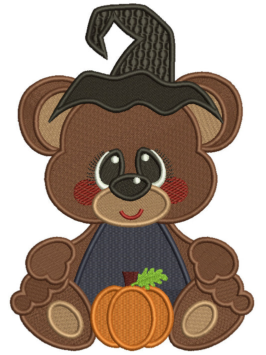 Little Bear Wearing Witch Hat With Pumpkin Halloween Filled Machine Embroidery Design Digitized Pattern
