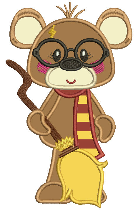 Little Bear With a Broom Dressed in Harry Potter Costume Applique Machine Embroidery Design Digitized