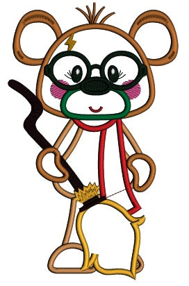 Little Bear With a Broom Dressed in Harry Potter Costume Applique Machine Embroidery Design Digitized