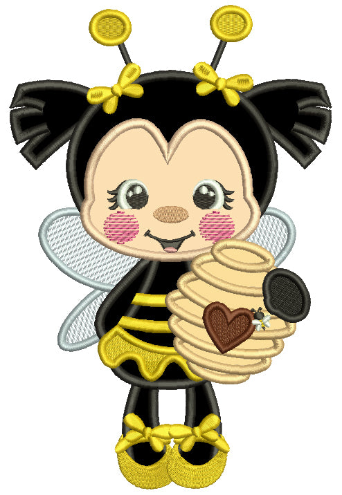 Little Bee Holding a Jar With Honey Applique Machine Embroidery Design Digitized Pattern