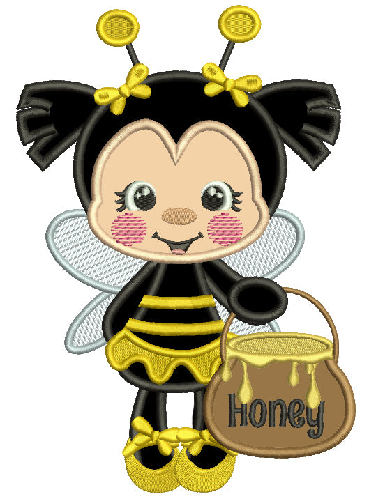 Little Bee Holding a Pot Of Honey Applique Machine Embroidery Design Digitized Pattern