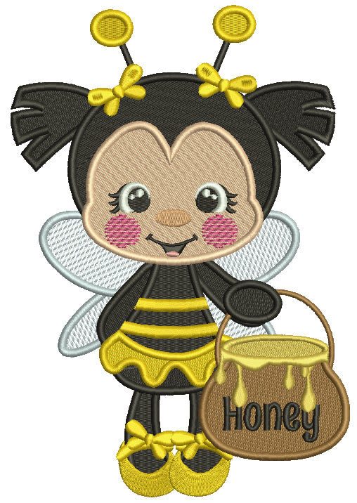 Little Bee Holding a Pot Of Honey Filled Machine Embroidery Design Digitized Pattern