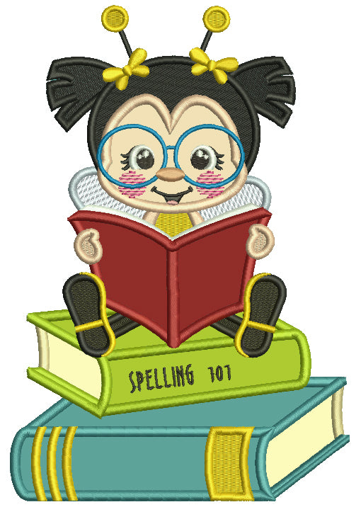 Little Bee Wearing Glasses Reading Book School Applique Machine Embroidery Design Digitized Pattern