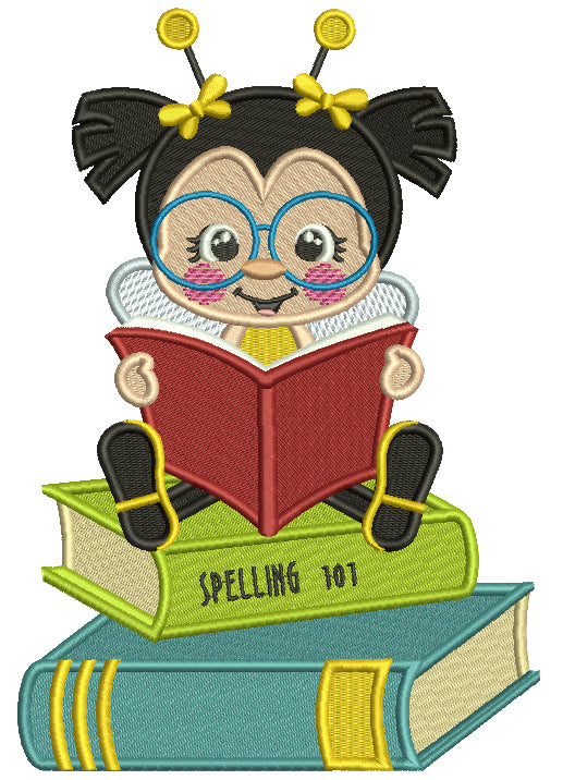 Little Bee Wearing Glasses Reading Book School Filled Machine Embroidery Design Digitized Pattern