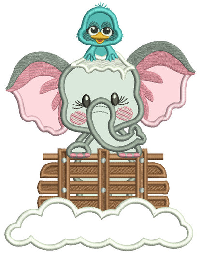 Little Bird Sitting On Baby Elephant And Snow Christmas Applique Machine Embroidery Design Digitized Pattern