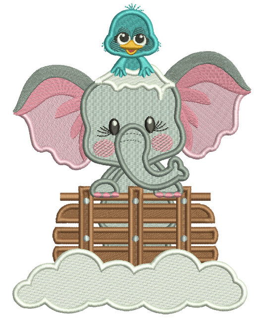 Little Bird Sitting On Baby Elephant And Snow Christmas Filled Machine Embroidery Design Digitized Pattern