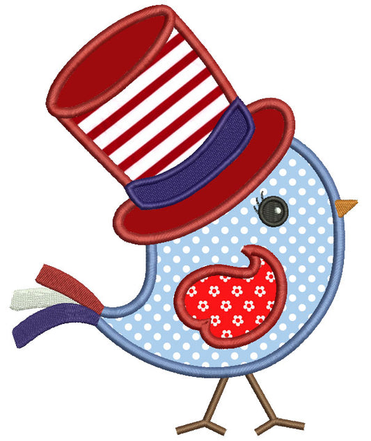 Little Bird Wearing Patriotic Hat Applique Machine Embroidery Design Digitized Pattern