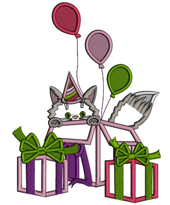 Little Birthday Cat Peeking From Out of Box Applique Machine Embroidery Digitized Design Pattern