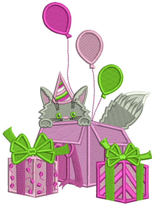 Little Birthday Cat Peeking From Out of Box Filled Machine Embroidery Digitized Design Pattern