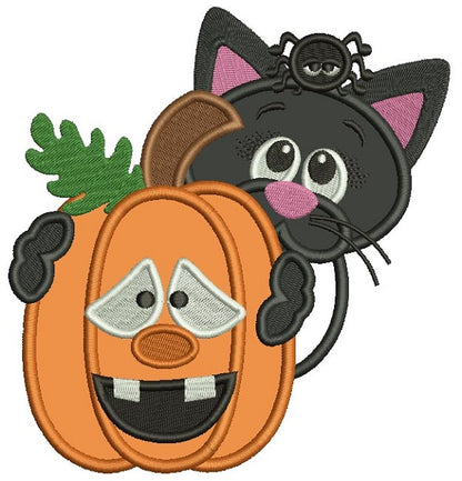 Little Black Cat Hugging Pumpkin Halloween Applique Machine Embroidery Design Digitized Pattern