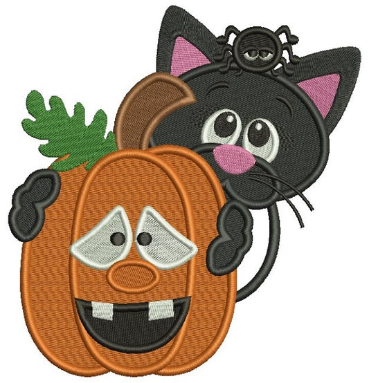 Little Black Cat Hugging Pumpkin Halloween Filled Machine Embroidery Design Digitized Pattern