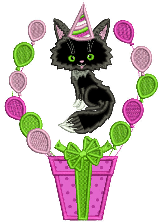 Little Black Cat Wearing a Birthday Hat Applique Machine Embroidery Digitized Design Pattern