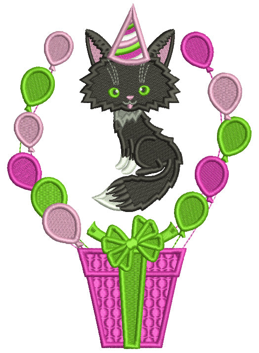 Little Black Cat Wearing a Birthday Hat Filled Machine Embroidery Digitized Design Pattern