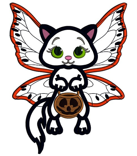 Little Black Kitten Fairy Halloween Applique Machine Embroidery Design Digitized Pattern