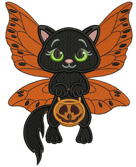 Little Black Kitten Fairy Halloween Filled Machine Embroidery Design Digitized Pattern