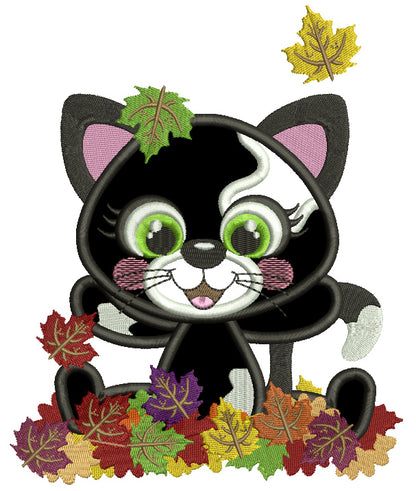 Little Black Kitten Playing With Leaves Fall Applique Thanksgiving Machine Embroidery Design Digitized Pattern