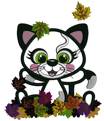 Little Black Kitten Playing With Leaves Fall Applique Thanksgiving Machine Embroidery Design Digitized Pattern