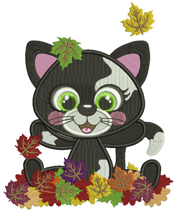 Little Black Kitten Playing With Leaves Fall Filled Thanksgiving Machine Embroidery Design Digitized Pattern