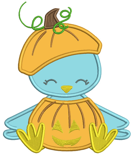 Little Blue Bird Wearing Pumpkin Costume Halloween Applique Machine Embroidery Design Digitized Pattern