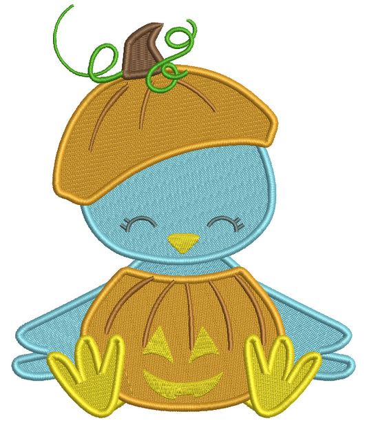 Little Blue Bird Wearing Pumpkin Costume Halloween Filled Machine Embroidery Design Digitized Pattern