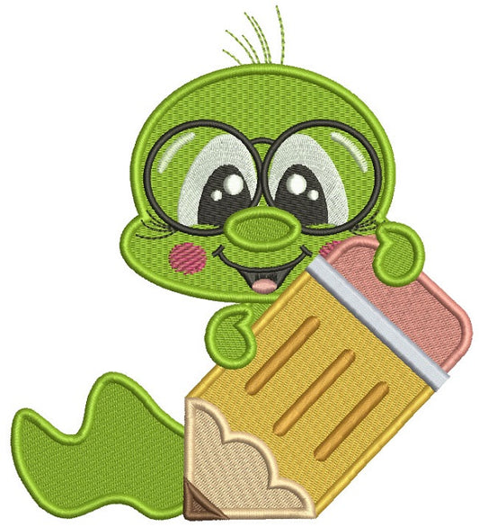 Little Book Worm Holding a Pencil School Filled Machine Embroidery Design Digitized Pattern