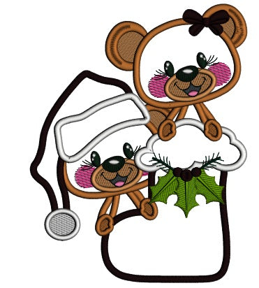 Little Boy And Girl Bear Sitting Inside Santa's Boot Applique Christmas Machine Embroidery Design Digitized Pattern