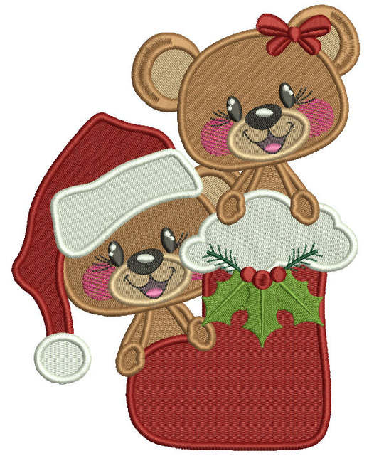 Little Boy And Girl Bear Sitting Inside Santa's Boot Filled Christmas Machine Embroidery Design Digitized Pattern