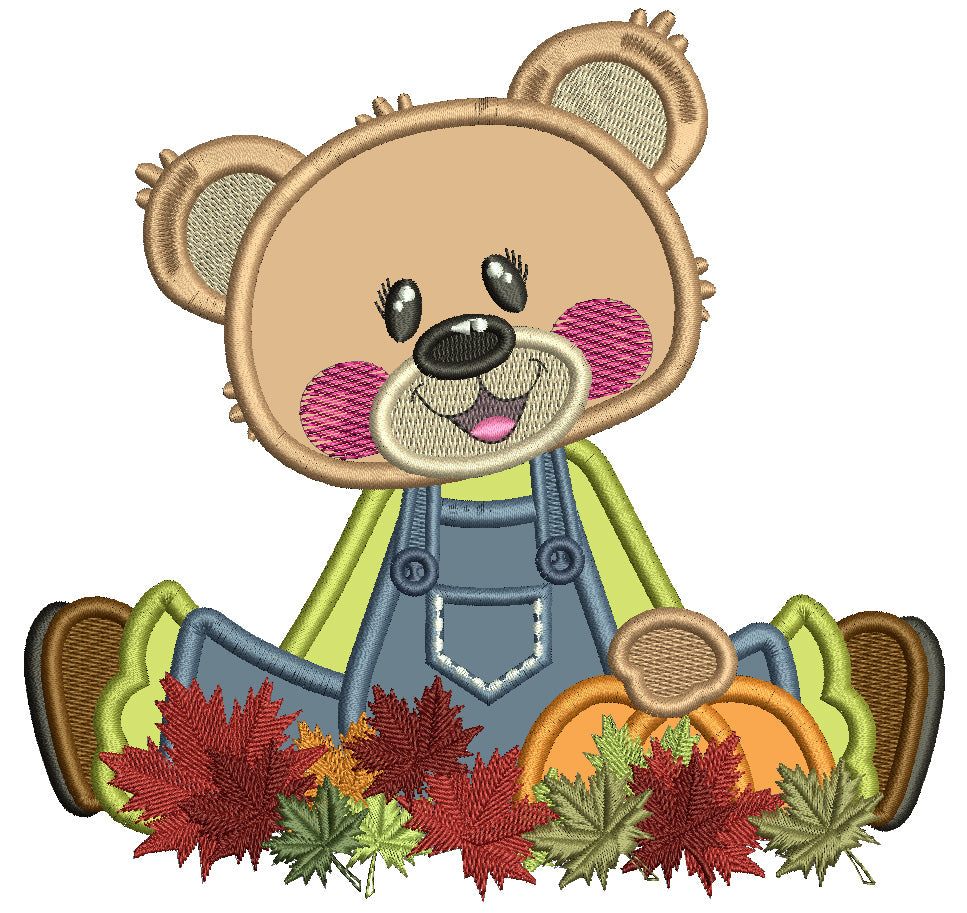 Little Boy Bear Farmer Sitting With a Pumpkin And Fall Leaves Thankgiving Applique Machine Embroidery Design Digitized Pattern