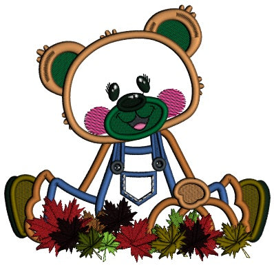 Little Boy Bear Farmer Sitting With a Pumpkin And Fall Leaves Thankgiving Applique Machine Embroidery Design Digitized Pattern