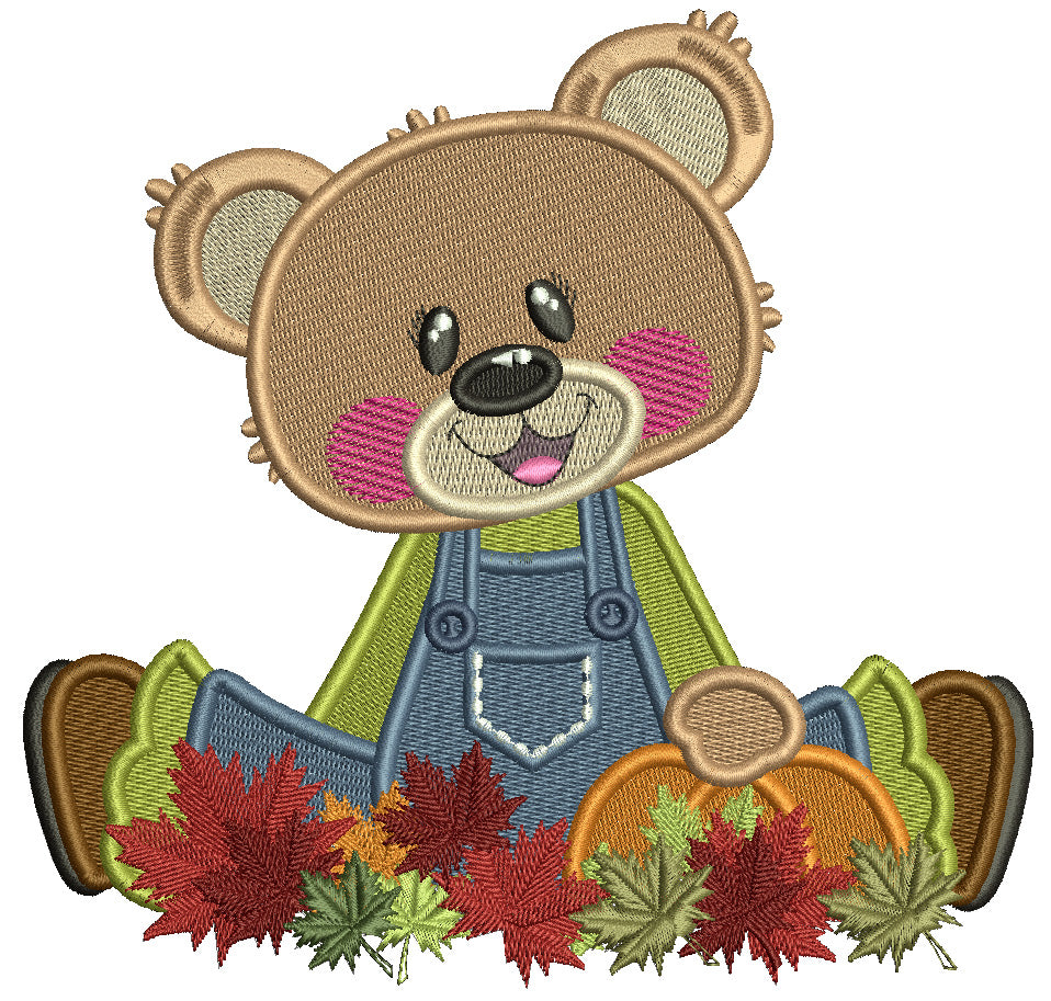 Little Boy Bear Farmer Sitting With a Pumpkin And Fall Leaves Thankgiving Filled Machine Embroidery Design Digitized Pattern
