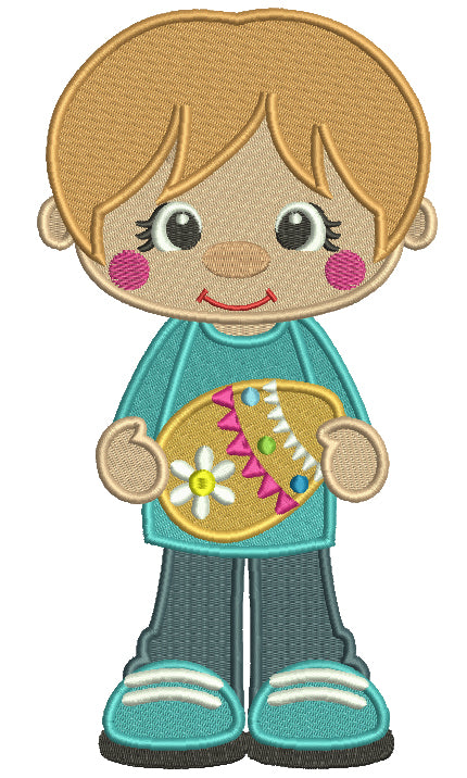 Little Boy Holding Easter Egg Filled Machine Embroidery Design Digitized