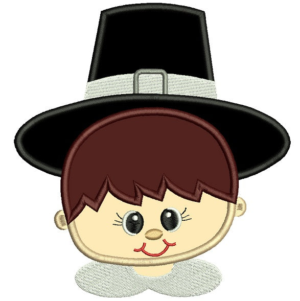 Little Boy Looks Like a Pilgrim Wearing Big Hat Applique Machine Embroidery Design Digitized Pattern