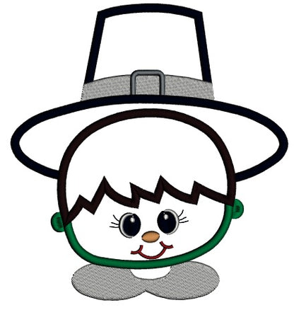 Little Boy Looks Like a Pilgrim Wearing Big Hat Applique Machine Embroidery Design Digitized Pattern