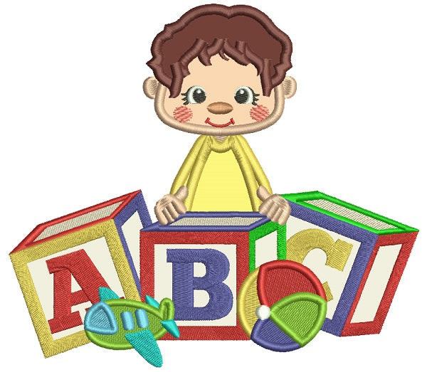 Little Boy Sitting With ABC Blocks School Applique Machine Embroidery Design Digitized Pattern