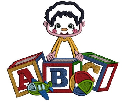 Little Boy Sitting With ABC Blocks School Applique Machine Embroidery Design Digitized Pattern