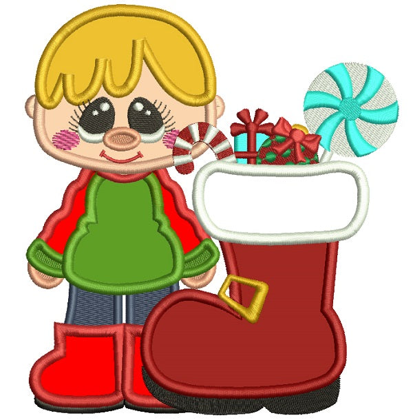Little Boy Standing Next To Santa's Boot With Presents Applique Christmas Machine Embroidery Design Digitized Pattern
