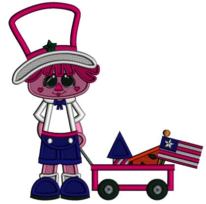Little Boy Wearing a Big American Hat Pulling a Wagon With Toys Applique Machine Embroidery Design Digitized Pattern