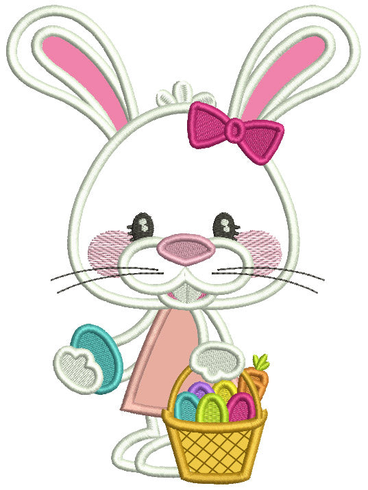 Little Bunny Holding Basket With Easter Eggs And Carrot Applique Machine Embroidery Design Digitized Pattern