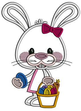 Little Bunny Holding Basket With Easter Eggs And Carrot Applique Machine Embroidery Design Digitized Pattern